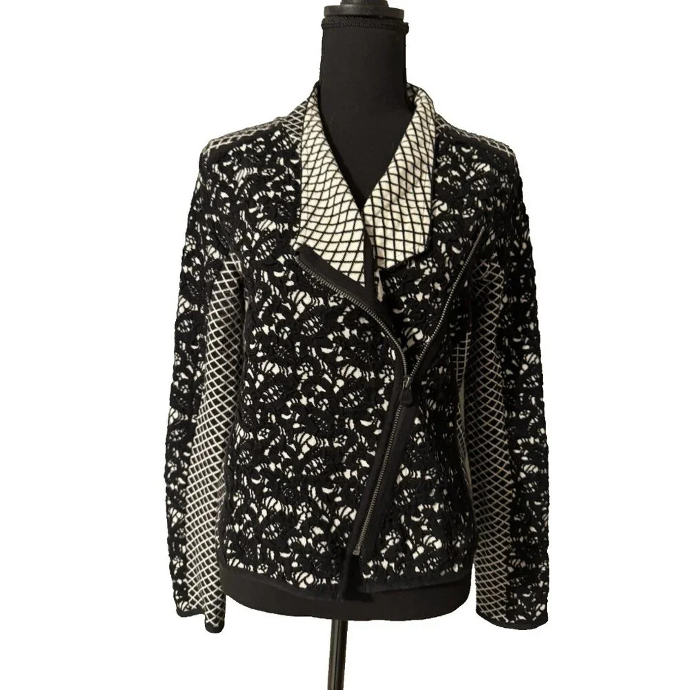 Moth Shawl Cardigan Sweater S Small Black Ivory Stretch Cotton Zip Foldover - Picture 3 of 14